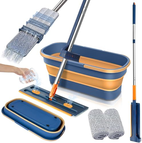 Grande serpillère plate en microfibre avec seau, serpillère plate avec fonction essorage, pivotant à 360°, grande serpillère plate pour bois dur, stratifié, carrelage (2 tampons + 1 seau pliable)