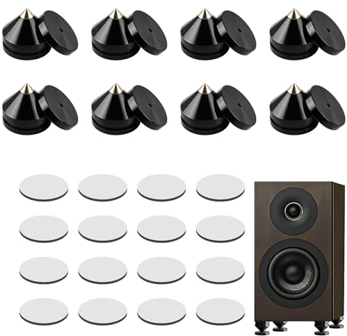 WEGREAT 8 Stück Subwoofer Spikes: Lautsprecher Spikes mit 16 rutschfeste Matte und 8 Basis Pad Kupferlegier, Edelstahl Boxenspiks Höhe Nicht verstellbar für HiFi-Geräte und Lautsprecher