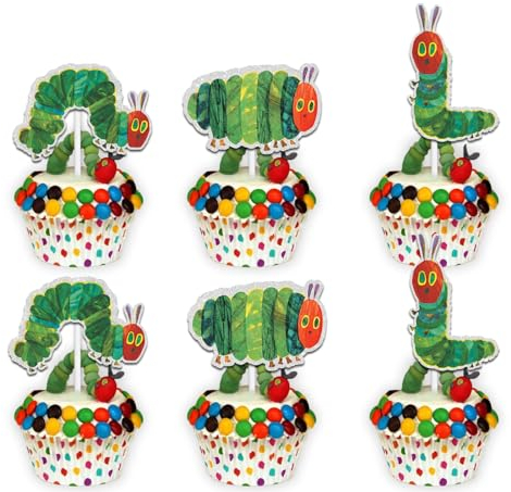 Green Glitter Dessert Cupcake Topper Cheer to Reading Story Very Hungry Caterpillar Butterfly Theme Decor Supplies Baby Shower Boys Girls Happy Birthday Decorations set 18pcs