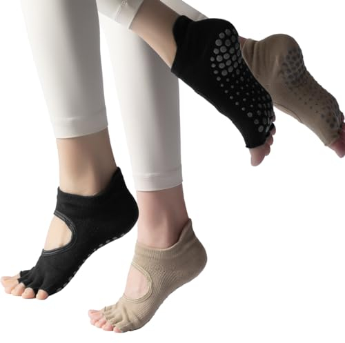 Ruayia 2 Paar Rutschfeste Halber Zehe Yoga Socken, Pilates, Socken, Anti Rutsch Socken, Atmungsaktive Socken für Fitness Ballett Kickboxing, 1 Schwarz+1 Hellbraun