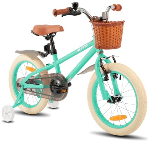 HILAND 16 Zoll Kinderfahrrad mit Stützrädern, Grün Mädchen Fahrrad, Handbremse und Rücktrittbremse, Kinderfahrrad für Mädchen mit Korb