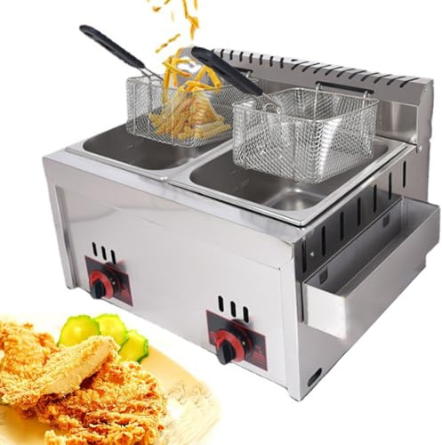 Friteuse commerciale à gaz 10L x 2, Double Réservoir Comptoir Robuste En Acier Inoxydable Frites friteuses à copeaux puissance de feu réglable Pour Restaurants
