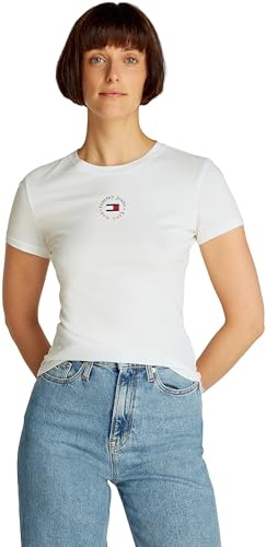 Tommy Jeans Damen T-Shirt Kurzarm Essential Logo Tee Slim Fit, Weiß (Ecru), XS