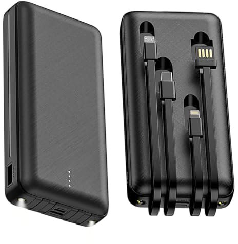 Power Bank 20000mAh, Portable Charger with Built-in Cables, USB C Powerbank 4 Outputs & Flashlight, External Battery Pack for iPhone/iPad/Samsung,Tablet