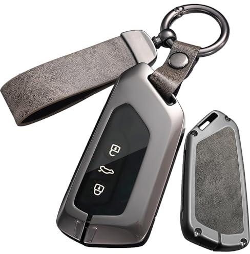 ontto Leder Autoschlüssel Hülle Passt für VW Golf 8 GTI ID.6 ID.7 Pro Lavida für Seat Leon MK4 Ateca Born 2020-2024 Schlüsselhülle Metall Schutzhülle Schlüsselanhänger Schlüsseletui 3 Tasten-B Grau
