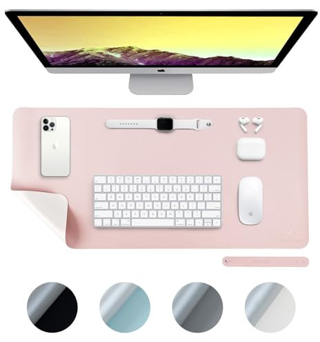 DesireTech Reversible Office Desk Mat, Dual-Sided Desk Mat, Waterproof Faux Leather Table Surface Protector Desk- Laptop Mat & Mouse Pad for Home & Office - 40 x 80cm (Pink/Silver)