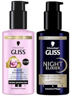 GLISS Glanz Booster Haarserum (100 ml), Haarpflege für brillanten Glanz, Leave in Haarpflege & Gliss Night Elixier Ultimate Repair (100 ml), Haarserum regeneriert geschädigtes Haar im Schlaf