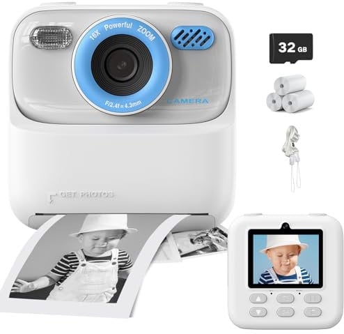 Camara Fotos Infantil Instantanea, 2.4'' HD 1080P Cámara de Fotos Instantánea para Niños con Tarjeta de 32 GB y 3 Rollos de Papel de Impresión, Regalo para Niños y Niñas de 3 a 14 Años, Blanco