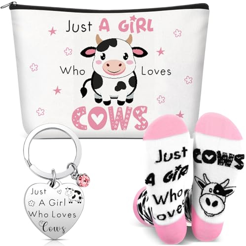 Geiserailie Ensemble cadeau 3 pièces pour amoureux de la vache – Porte-clés humoristique en forme de vache, trousse de maquillage, chaussettes, porte-clés Just a Girl Who Loves Cows