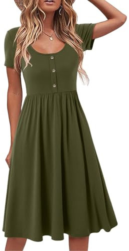 Beluring Kleider Damen Elegant Rundhals Shirtkleider A-Linien Kurzarm Tunika Kleid Sommer Strandkleid Armeegrün S