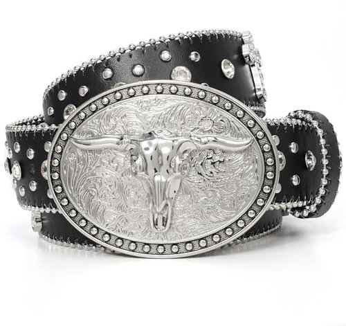 LALATCH Punk Belt Cowboy Belts for Men Women, PU Leather Western Belt Punk Rock Belt with Western Bull Buckle, Bull/ Rhinestone Belt, Fit for Waist 32-36
