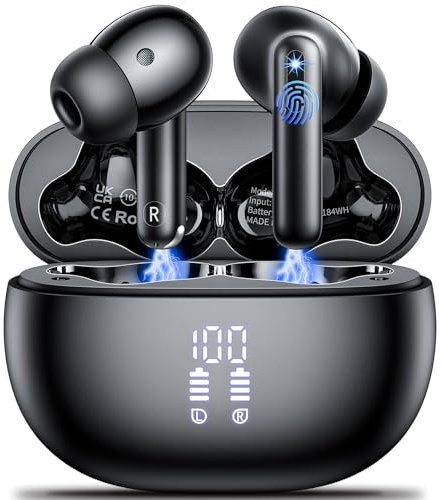 Cuffie Bluetooth, Auricolari Bluetooth Sport 5.3 con 4 HD Mic 42H Autonomia Mini Cuffiette Wireless HiFi Stereo ENC Cancellazione Rumore LED Display IP7 Impermeabili Touch Control,for iOS Android,Nero