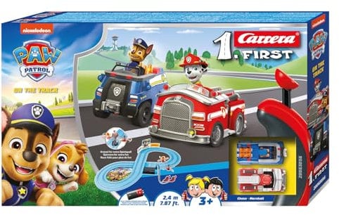 Carrera First Paw Patrol on The Track - Circuit de Jeu avec Chase & Marshall, régulateur Manuel adapté aux Enfants, Distance de 2,4 m et éléments interactifs - pour Petits Jeux de Course et Aventures