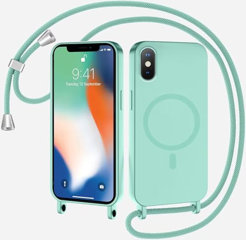 TQmchun Magnetische Handykette mit Band für iPhone XS Max,Handyhülle [Kompatibel mit MagSafe],Weich TPU Liquid Silikon Necklace Umhängen Kameraschutz Kette Stossfest Schutzhülle-Minzgrün