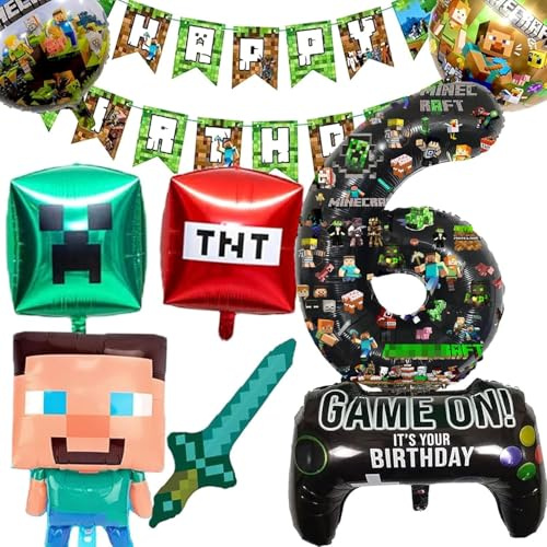 6 Year Happy Birthday Balloon Banner Foil Balloons for Cartoon Supplies Gaming Theme Party Supplies Decoration 5th Gaming Birthday Decorations (6th.)