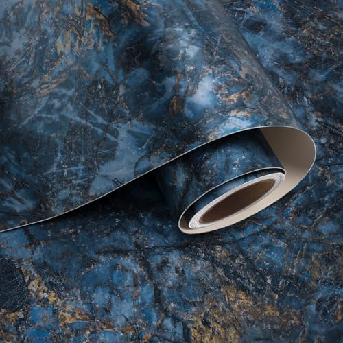 VaryPaper Blue Gold Marble Self Adhesive Wallpaper 40cmx200cm Matte Marble Sticky Back Plastic Counter Top Vinyl Covering Fablon for Kitchen Cupboard Bathroom Wallpaper Waterproof Furniture Wrap