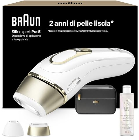 Braun Silk·Expert Pro 5 Epilatore Luce Pulsata, 2 Testine, Gel, PL5140 Oro | Epilazione Laser Peli Donna a Casa, Riduzione Permanente dei Peli con Custodia e 2in1 Sapone + Gel per Depilazione Satin Care