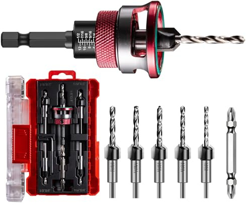 Senkbohrer Holz Set 5 Stück, HSS M2 Vorbohrer mit Senker und Kugellager | mit Tiefenanschlag, 1/4 Hex Schaft, Präzise Bohrsenker Holz für Werkstatt & Heimwerker, inkl. Schlüssel & Ersatzmuttern