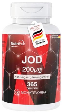 Jod 200μg - 365 Tabletten mit je 200μg Jod - schluckfreundlich - Hochdosiert - Kaliumjodid - 100% Vegan – Deutsche Produktion & Laborprüfung - NutriFair | Premium & Fair