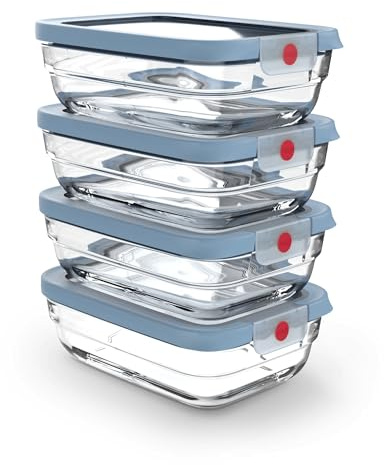 EMSA OneClick Glas Set 4-tlg. Lebensmittelaufbewahrungsboxen, Food Storage | OneClick System, ofenfest bis 420 °C, 100% auslaufsicher, mikrowellen- und spülmaschinengeeignet, 4x 1 Liter, Blau, N1240850