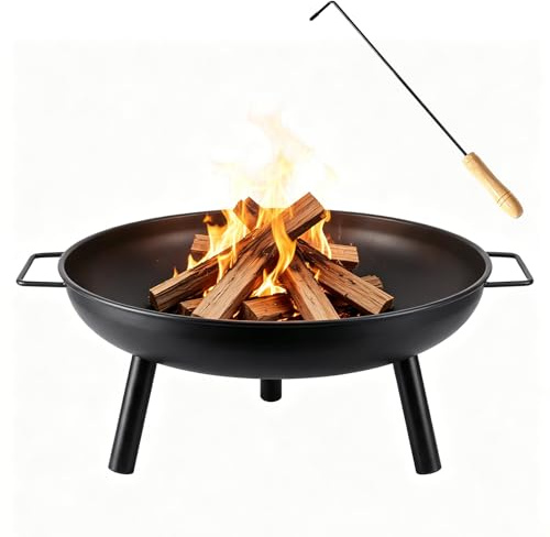 Feuerschale 58 cm für den Garten,Feuerkorb mit 2 Tragegriffen,inkl 43 cm Schürhaken,Lagerfeuerstelle für Terrasse und Garten,2 Jahre Garantie