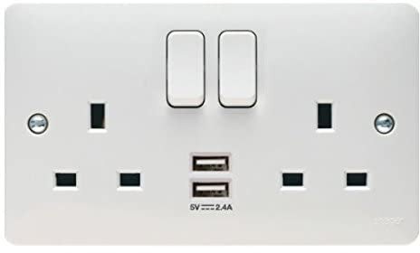 Hager WMSS82USB 'Sollysta' Switch Socket Outlet 13 Amp with 2 x USB Charging Points 2.4A