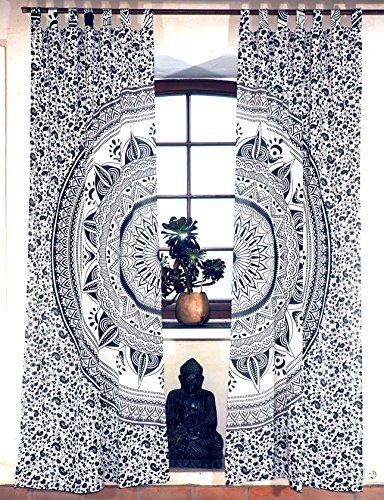 GURU SHOP Boho Vorhänge, Gardine (1 Paar) mit Schlaufen, Handbedruckter Ethno Style Vorhang, Mandala Motiv - Weiß/grau, Baumwolle, 215x100x0 cm