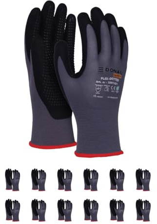 DONAU SAFETY Flex-Dotted Handschuhe Arbeitshandschuhe mit Anti-Rutsch Griff Noppen/Größe 07, 12 Paar/Grau-Schwarz/Mechaniker Montagehandschuhe/Nitril beschichtet Leicht Ölbestandig, Nylon