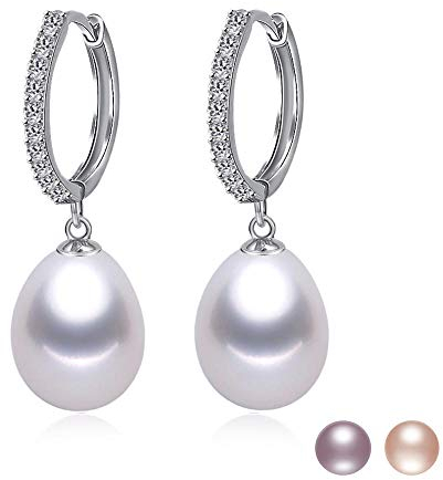 Kim Johanson Damen Perlenohrringe *Nora* aus 925 Sterling Silber mit echten Süßwasser Perlen in Weiß, Rosa oder Lila mit Zirkonia Steinchen besetzt Ohrhänger inkl. Schmuckbeutel (Weiß)