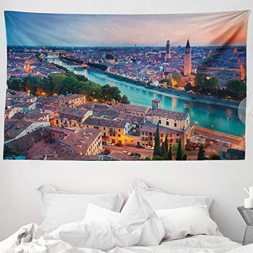 ABAKUHAUS Italien Wandteppich und Tagesdecke, Verona Italien Blue Hour aus Weiches Mikrofaser Stoff Waschbar ohne Verblassen Digitaldruck, 230 x 140 cm, Aqua Grün