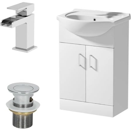 Affine® 560mm Bathroom Vanity Unit Ceramic Sink Floorstanding Storage Cabinet Cupboard & Chrome Waterfall Basin Tap & Waste Set, White Gloss