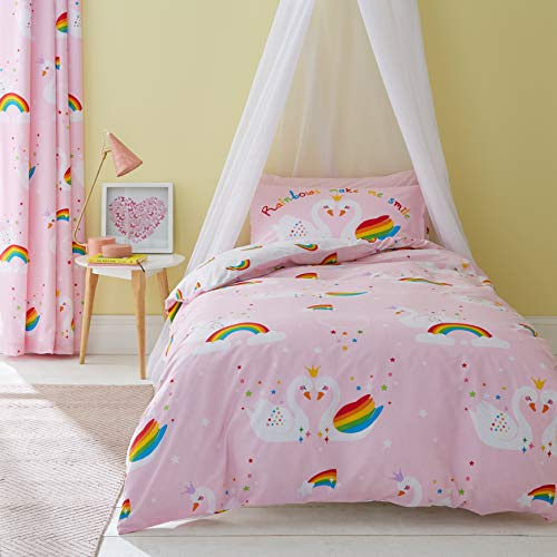 Catherine Lansfield Rainbow Swan Easy Care Double Duvet Set Pink