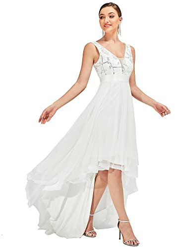 Ever-Pretty Robe de Mariée Femme Col V High Low Tulle Paillettes sans Manche