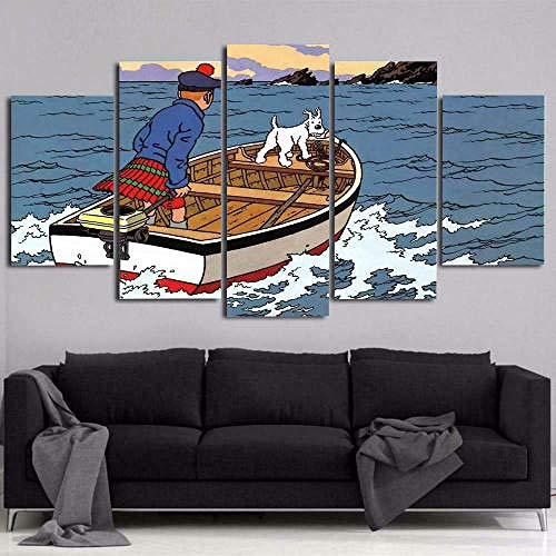 Leinwandbild 5 Teile Bilder Filmanimation Die Abenteuer von Tim und Struppi 5 teilige Wandbilder Wandbilder Kunstdruck 150X80cm Mit Rahmen Vlies Leinwanddrucke Leinwandbilder Cadeau d'Halloween