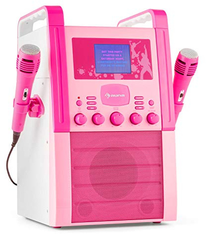 AUNA KA8P-V2 - Impianto Karaoke, Display TFT 3,5'', 2 x Microfoni Dinamici, Altoparlante Incorporato, Uscita Video, CD, CD+G, MP3, Ingresso AUX, Rosa Confetto