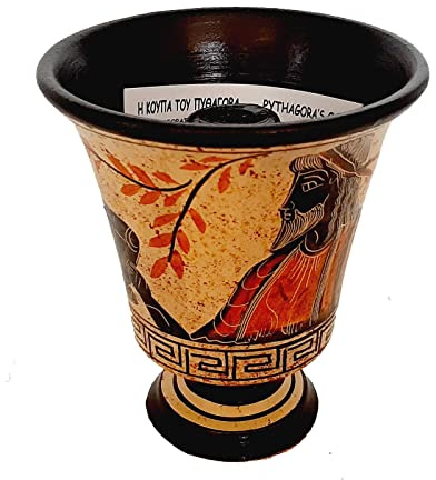 Pythagoreischer Becher, Gieriger Becher 11 cm, gelber Hintergrund, zeigt Pythagoras
