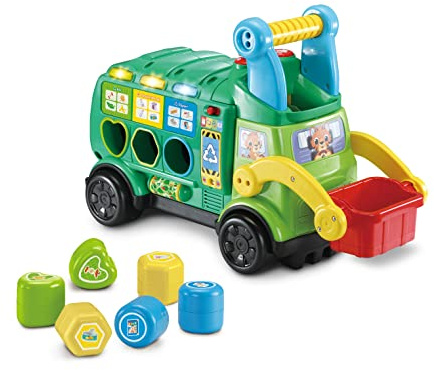 VTech 2-in-1 Rutschauto - Kinder-Rutscher & Sortierspielzeug | Rutschfahrzeug mit 6 Melodien, 9 Liedern, Hupe und interaktiver Müllsortierung
