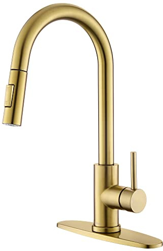 Tohlar Grifos de cocina dorados con rociador extraíble, moderno grifo de fregadero de cocina de acero inoxidable de una sola manija con placa de cubierta, oro cepillado