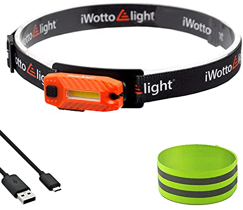 iWotto E light USB wiederaufladbare LED-Stirnlampe mit verstellbarem Kopfband und reflektierendem Armband - 360° horizontal 180° vertikal schwenkbar - leichtes IP52 wasserdichtes Licht - bis zu 12 m