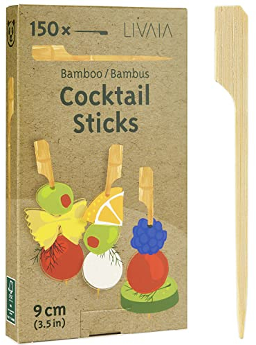 LIVAIA Brochettes en bambou: 150x pics en bambou de cocktail 9cm - Brochettes pour apéritif, verres à cocktail et bonbons - Bâtonnets de bois pour buffet, barbecue, fontaine à chocolat