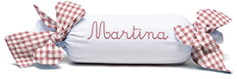 Nenel Cojín Decorativo para Cuna o Carrito Personalizado – Caramelo bebé con Nombre - Rulo recién Nacido Bordado - Vichy (Rosa Maquillaje)