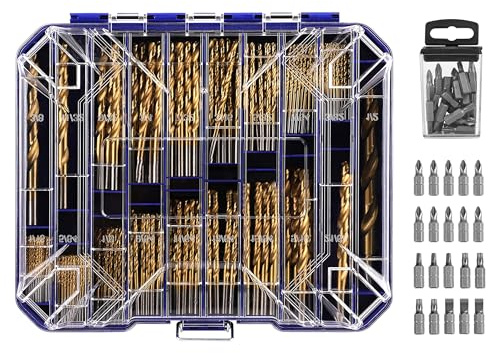276pc Titanium Twist Drill Bit Set with S2 Bits 135° Tip High Speed Steel, Size from 1/16 up to 1/2, Ideal in Wood Cast Iron Aluminum Alloy Plastic Fiberglass, Clear Lid Case
