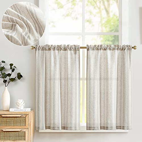 TOPICK Leinen Gestreifte Scheibengardinen Halbtransparent Bistrogardine Sheer Vorhang Privatsphäre Fenstervorhang Gardine für kleine Fenster Küche Bad Wohnzimmer 2er Set 65Bx60H(cm) Grau auf Beige