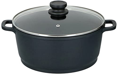Olla de aluminio fundido con tapa de cristal, segura para inducción, con revestimiento de teflón, para sopa, estofado, cazuela con tapa, apta para horno, negro (20 cm)