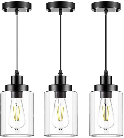 WimiSom Industrial Pendant Lighting, Modern Clear Glass Shade Farmhouse Adjustable Hanging Light Fixtures for Kitchen Island Living Room Bedroom Hallway, 3-Pack