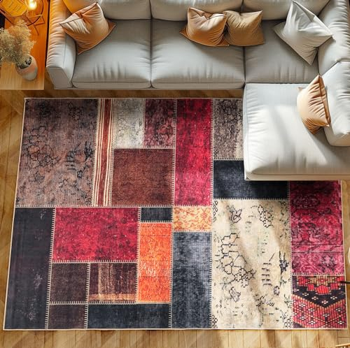 SIMPEX Kurzflor Teppich Wohnzimmer Schlafzimmer Läufer Flur Waschbarer Teppich Weich Vintage Stil, Wohnzimmerteppich, Farbe: Bunt, Größe: 160 x 230 cm