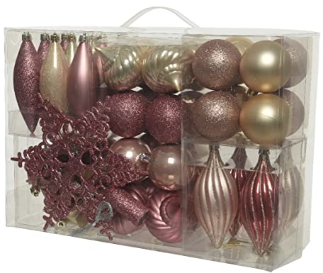 Kaemingk Christbaumschmuck Kunststoff 6-12cm mit Christbaumspitze Stern 60er Set bruchfest Altrosa Champagner