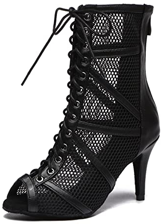 MINITOO Damen Latin Standard Tanzschuhe Mesh Abend Sandalen Stiefeletten Sommer Sexy Tanzstiefel L555 Schwarz EU 39