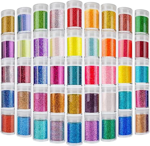 Feines Glitzerpulver für Epoxidharz, Set mit 45 Farben, Estanoite Extra Feines Bastelglitzerpulver, Sortiertes Nagelkunst-Glitzerpulver, Kosmetisches Glitzerpulver für Körper, Gesicht, Haare, Augen