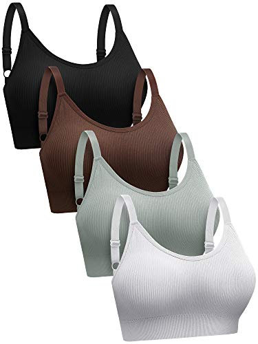 4 Pack Women's Sports Bra, Padded Ribbed Cami Bra Seamless Bralette Wireless No Underwire Workout Tank Top, White, Black, Brown and Light Green, 0X-Large